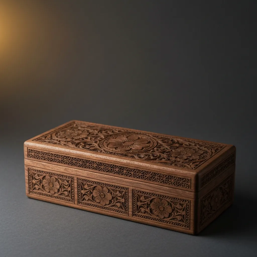 Elegant wooden keepsake box with intricate carvings