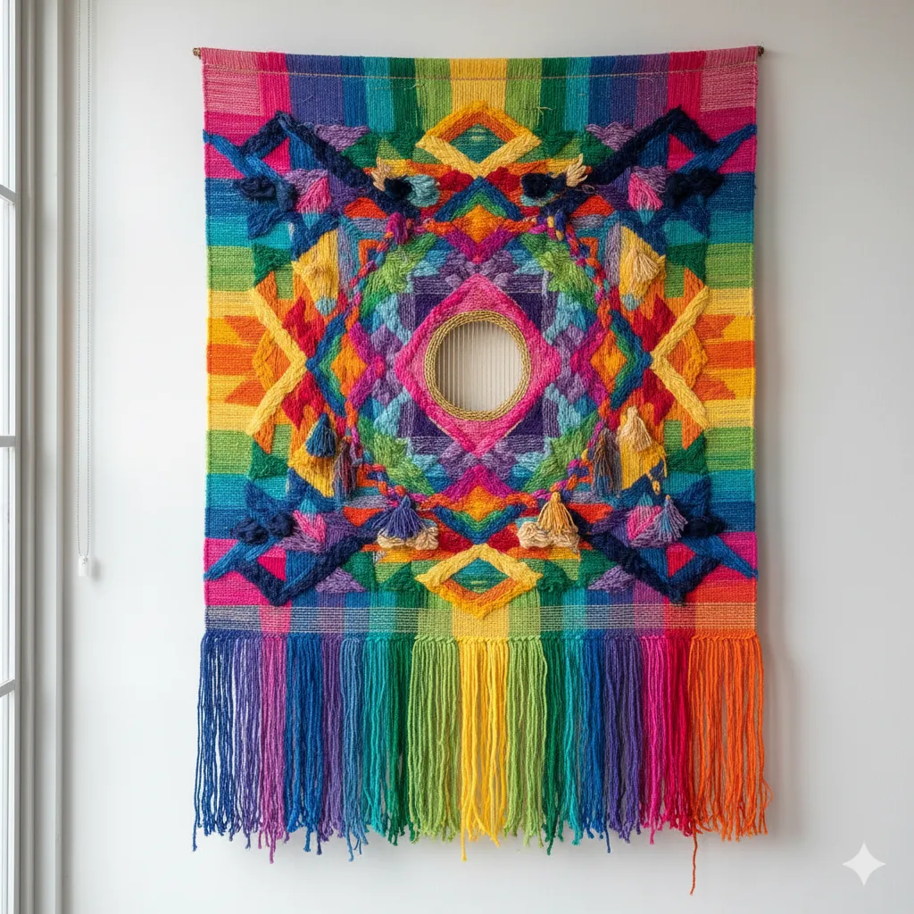 Colorful handwoven textile art piece